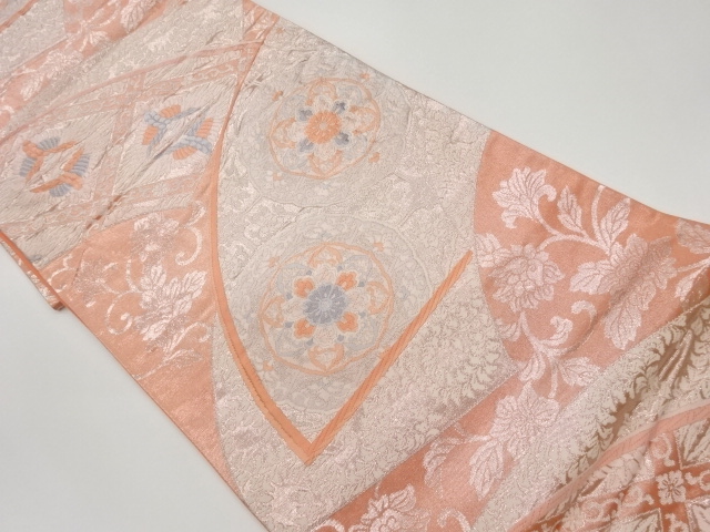 花唐草に地紙・向かい鶴・華紋模様織出し袋帯